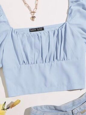 SHEIN Pastel Blue Square Neck Puff-Sleeve Crop Top